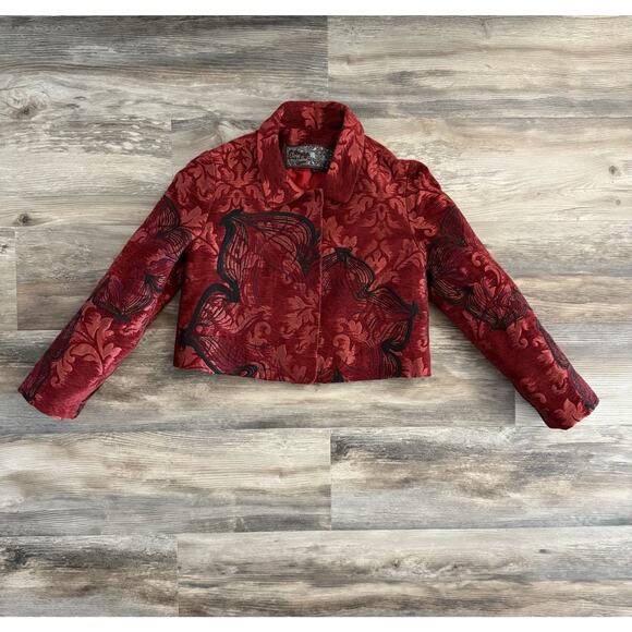 Olivine Gabbro Red Velvet Jacket Women’s Size 6 Cropped Floral Statement Coat - Picture 3 of 8